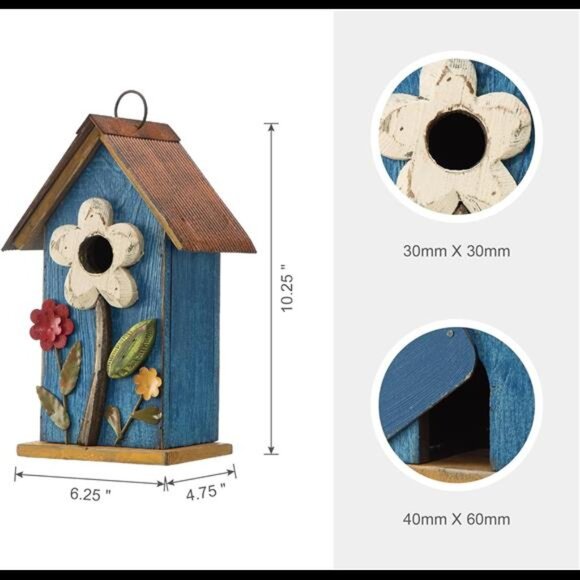 Distressed Decorative Solid Wood Birdhouse, 10.25 Inch Tall, Blue - Picture 5 of 8